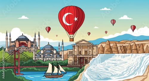 A vibrant cartoon scene blending iconic landmarks with hot air balloons and natural wonders