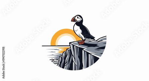 A puffin stands on a cliff overlooking the ocean at sunset