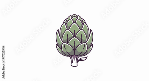 A stylized illustration of a green artichoke with a thick stalk and purple outline