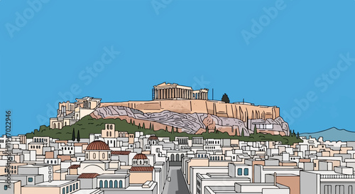 A stylized illustration of a historic city, dominated by a grand ancient temple atop a rocky hill