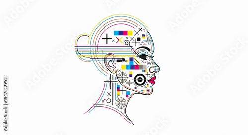 Abstract profile of a woman's head, composed of colorful lines and geometric shapes