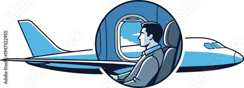 A man in a suit looks out an airplane window at the sky