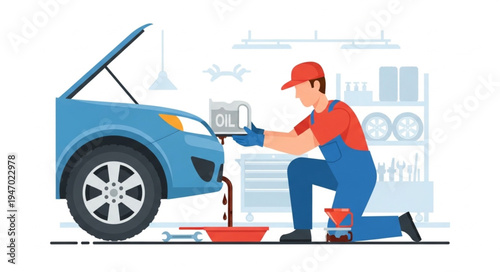 Mechanic changing car oil.