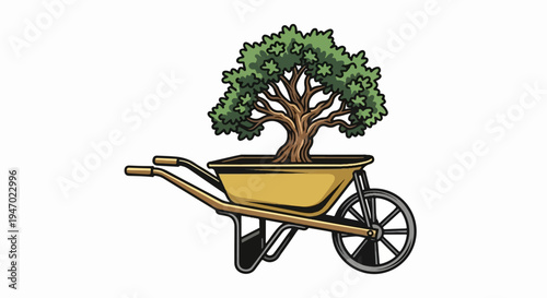 A stylized illustration of a mature bonsai tree in a golden wheelbarrow, set against a white background