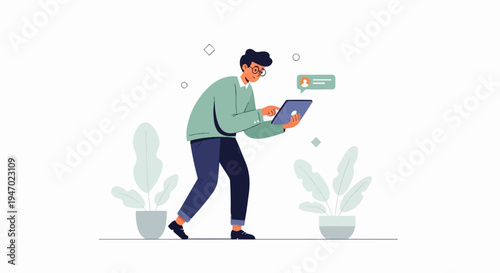 A man in glasses uses a tablet, with plants on either side and a notification bubble above
