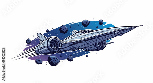 A sleek spaceship navigates through a starry asteroid field with a vibrant blue and purple nebula