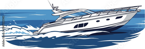 A sleek white yacht glides through choppy blue ocean waves, leaving a foamy wake behind