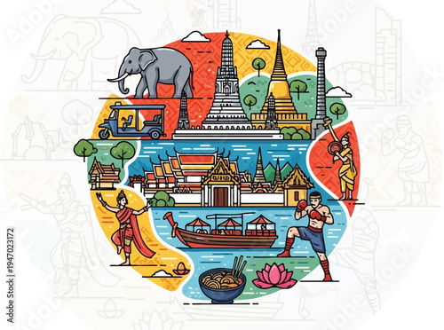 A vibrant circular collage showcasing Thai culture temples, tuk-tuk, Muay Thai, dancers, and food