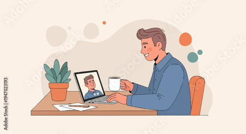 A man smiles while holding a coffee mug, interacting via video call on his laptop