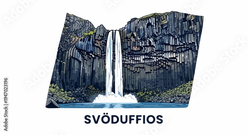 A stylized illustration of a tall waterfall cascading down dark, hexagonal basalt columns