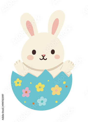 Cute Easter bunny in an eggshell decorated with flowers