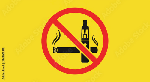 A red circle with a line through it, overlaying a black cigarette and an electronic vaporizer, on a yellow background