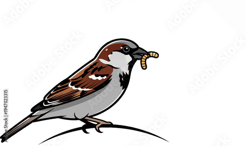 A small bird with brown and white feathers holds a grub in its beak while perched