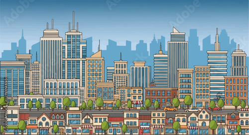 A vibrant cityscape illustration depicting a diverse range of buildings, from towering skyscrapers to quaint storefronts, under a clear blue sky