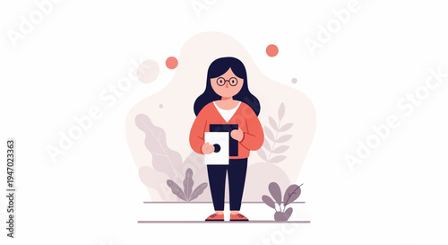 Cartoon of a person with glasses holding documents and standing near plants