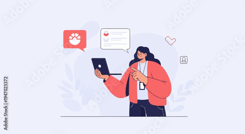 Cartoon person with laptop, engaged in online communication with speech bubbles