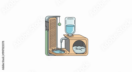 Cartoon pet station with water dispenser, scratcher, and cozy bed
