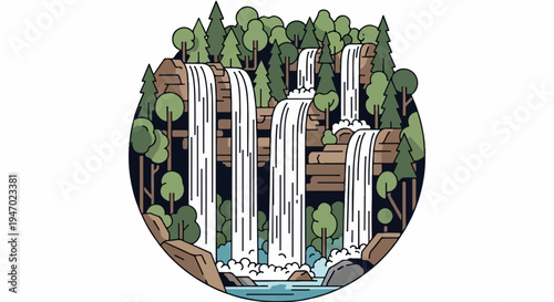 A stylized illustration of multiple waterfalls cascading down rocky cliffs surrounded by lush green trees in a circular frame