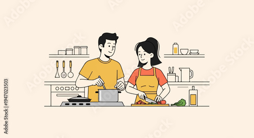Couple happily cooking together in a kitchen