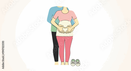Couple forms heart shape over pregnant belly, with tiny shoes nearby