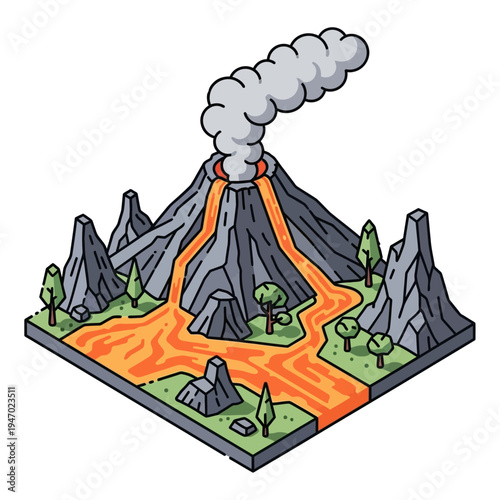 Isometric illustration of a volcanic eruption with flowing lava and surrounding landscape.