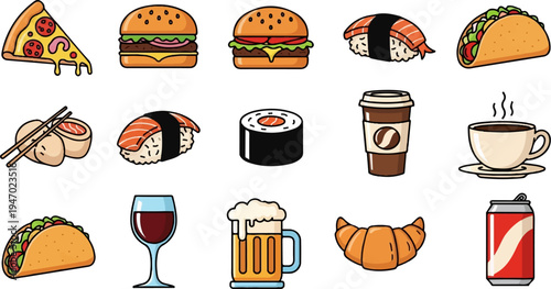 A vibrant collection of diverse food and drink icons, artfully presented