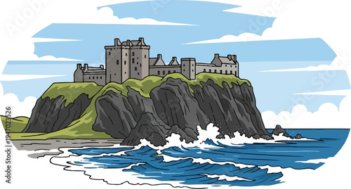 Castle on rugged cliff overlooking crashing waves under a cloudy sky