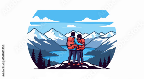 Couple with backpacks admiring a serene mountain lake vista under a cloudy blue sky