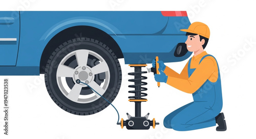 Mechanic changing car shock absorber.