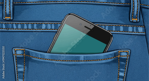 A smartphone rests in the pocket of blue jeans, showing a teal screen