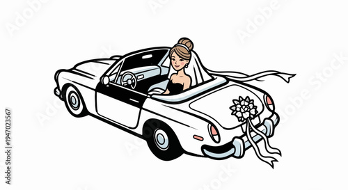 A smiling bride in a convertible car, adorned with flowers and ribbons, ready to depart
