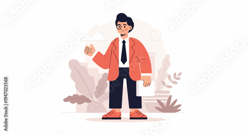 A stylized man in a coral jacket, tie, and dark pants gives a thumbs up