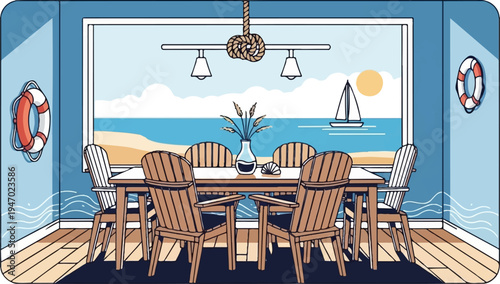 Cozy dining room with ocean view, featuring chairs, table, sailboat, and sun
