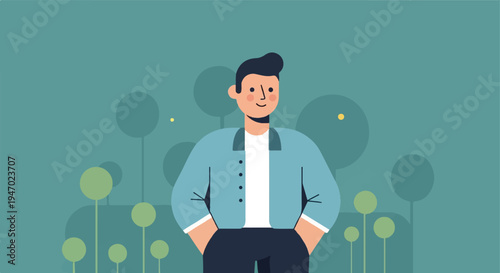 A smiling man stands confidently in a stylized outdoor scene with abstract plant elements