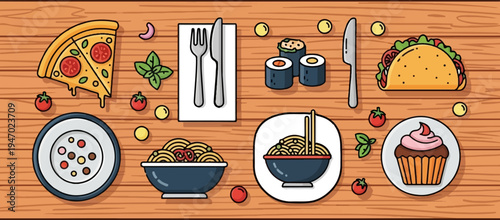 A vibrant flat illustration showcases a variety of delicious foods and utensils on a wooden surface