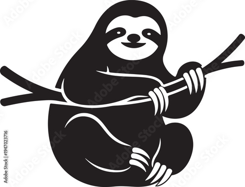 Cute sloth hanging on a branch black and white illustration.