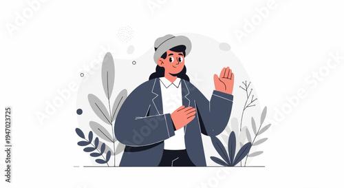 A smiling person in a suit and hat, with one hand raised and the other on their chest