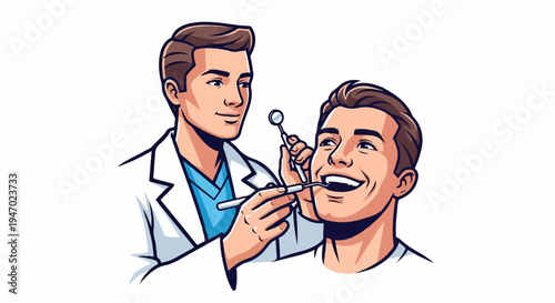 A smiling man with his mouth open receives a dental checkup from a dentist holding instruments