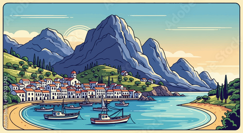 Charming pixelated coastal village nestled below majestic mountains by the sea