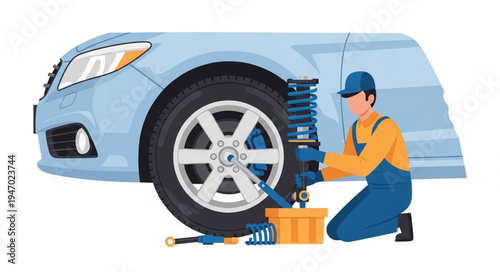 Mechanic changing car shock absorber.