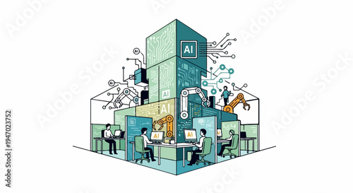Cubical structure with circuit board patterns, robotic arms, and people working on computers