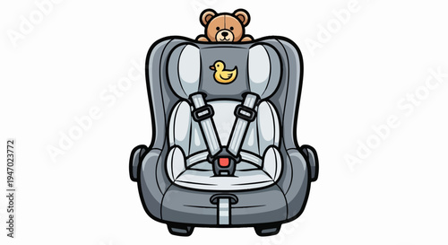 Cute cartoon car seat with a teddy bear and rubber ducky peeking over