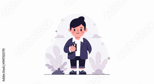 Cheerful character in a suit holding a smartphone with stylized plants