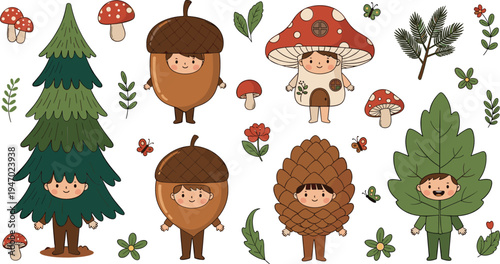 Cute woodland kids characters with pine tree acorn pinecone leaf and mushroom costumes kawaii autumn forest cartoon vector set