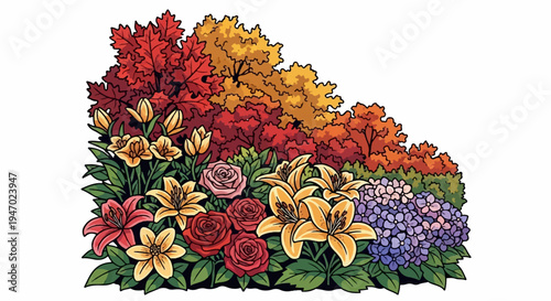 A vibrant illustration depicts a lush garden with diverse flowers and autumnal foliage
