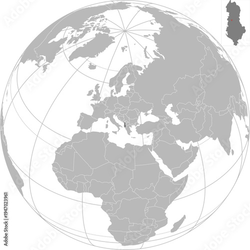 World vector map with country boundaries and graticules (Albania-centered view, orthographic projection, PPT-compatible & fully editable)