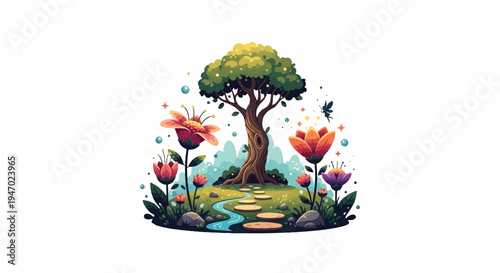 Enchanted garden with tree, flowers, stream, stepping stones, and a tiny fairy