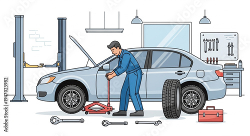 Mechanic changing car tire.