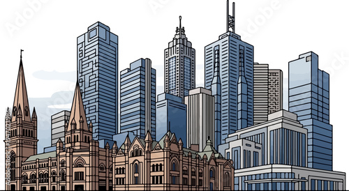A vibrant illustration of a city skyline with iconic historical architecture juxtaposed against modern skyscrapers