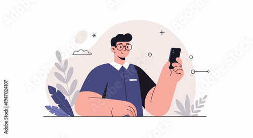 Cheerful person in glasses, holding a smartphone, with stylized plants and abstract shapes